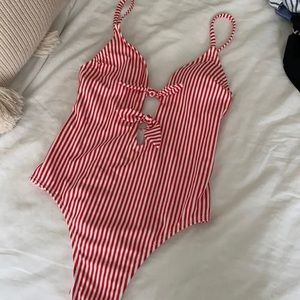 Low Cut -Red and White Stipped One Piece Swim Suit